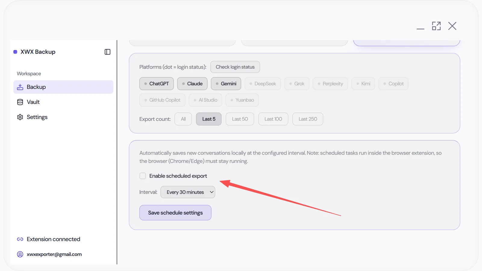 The Scheduled export section with platform selection, export count and interval settings