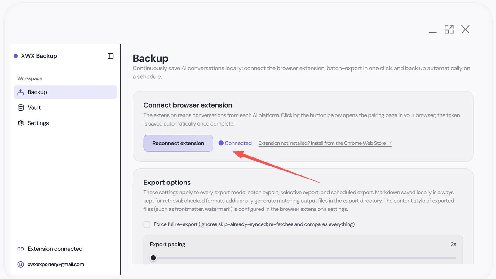 Connecting the XWX Exporter extension to the XWX Backup desktop app