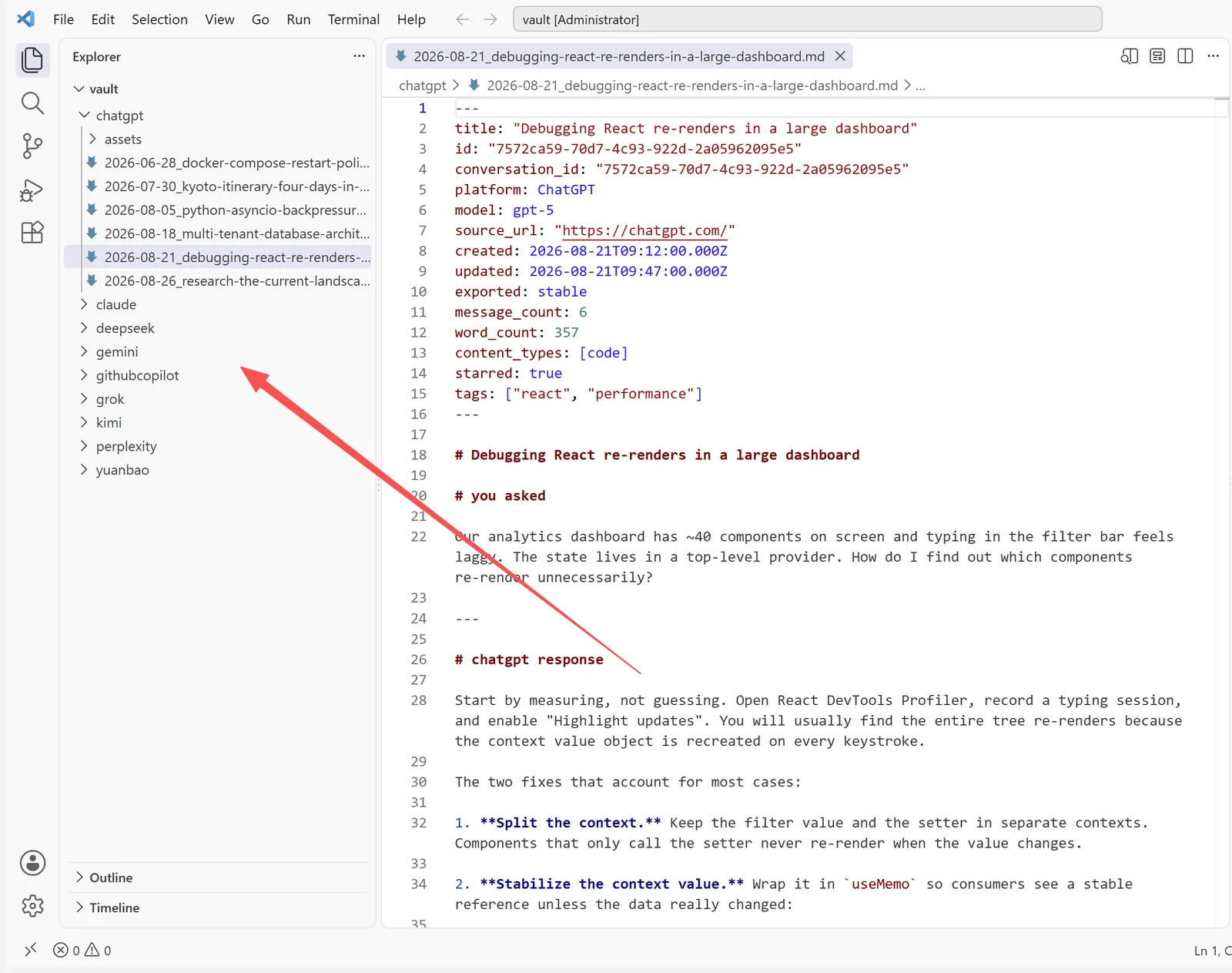 The local vault folder showing one Markdown file per archived conversation