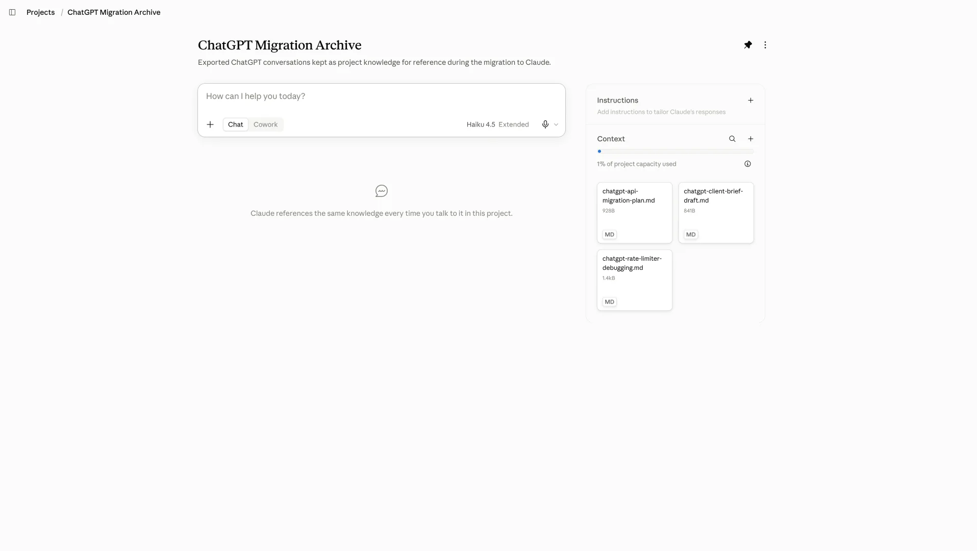 Attaching exported Markdown files to a Claude Project as Project knowledge