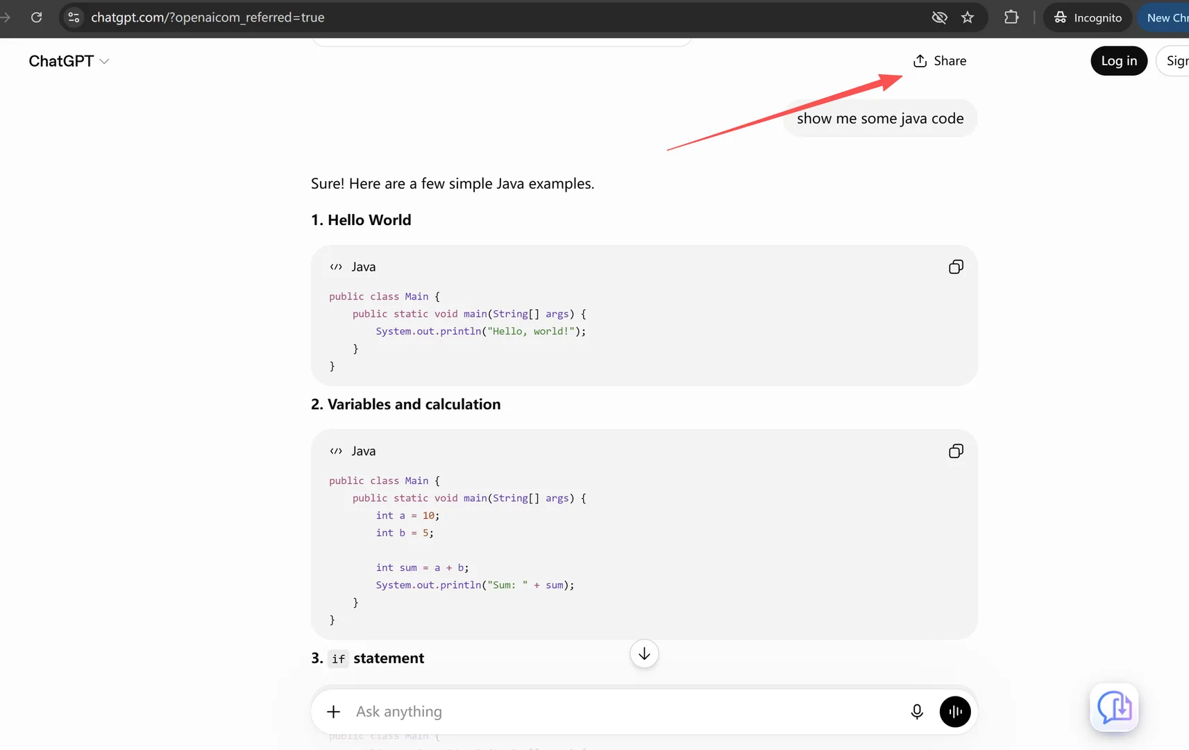 Screenshot 1: The Share button at the top of a ChatGPT conversation
