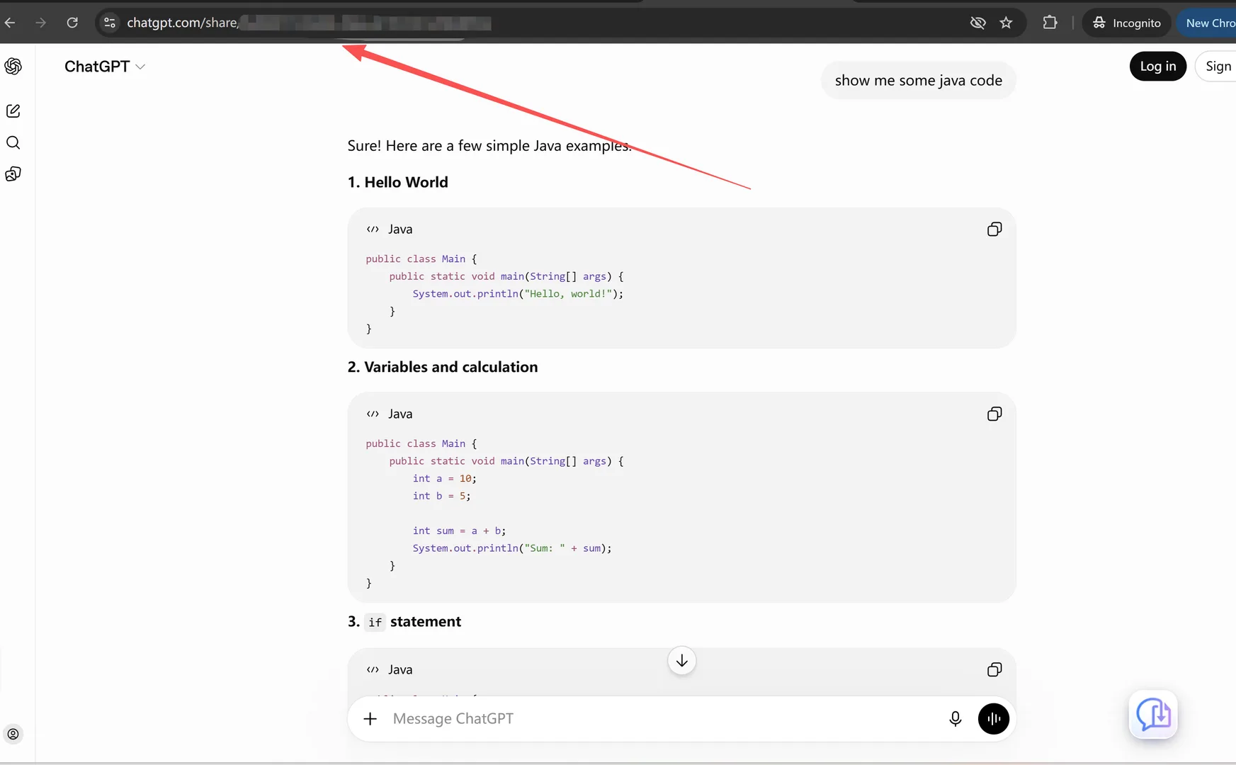 Screenshot 2: The generated share link opened in the browser, showing the complete conversation