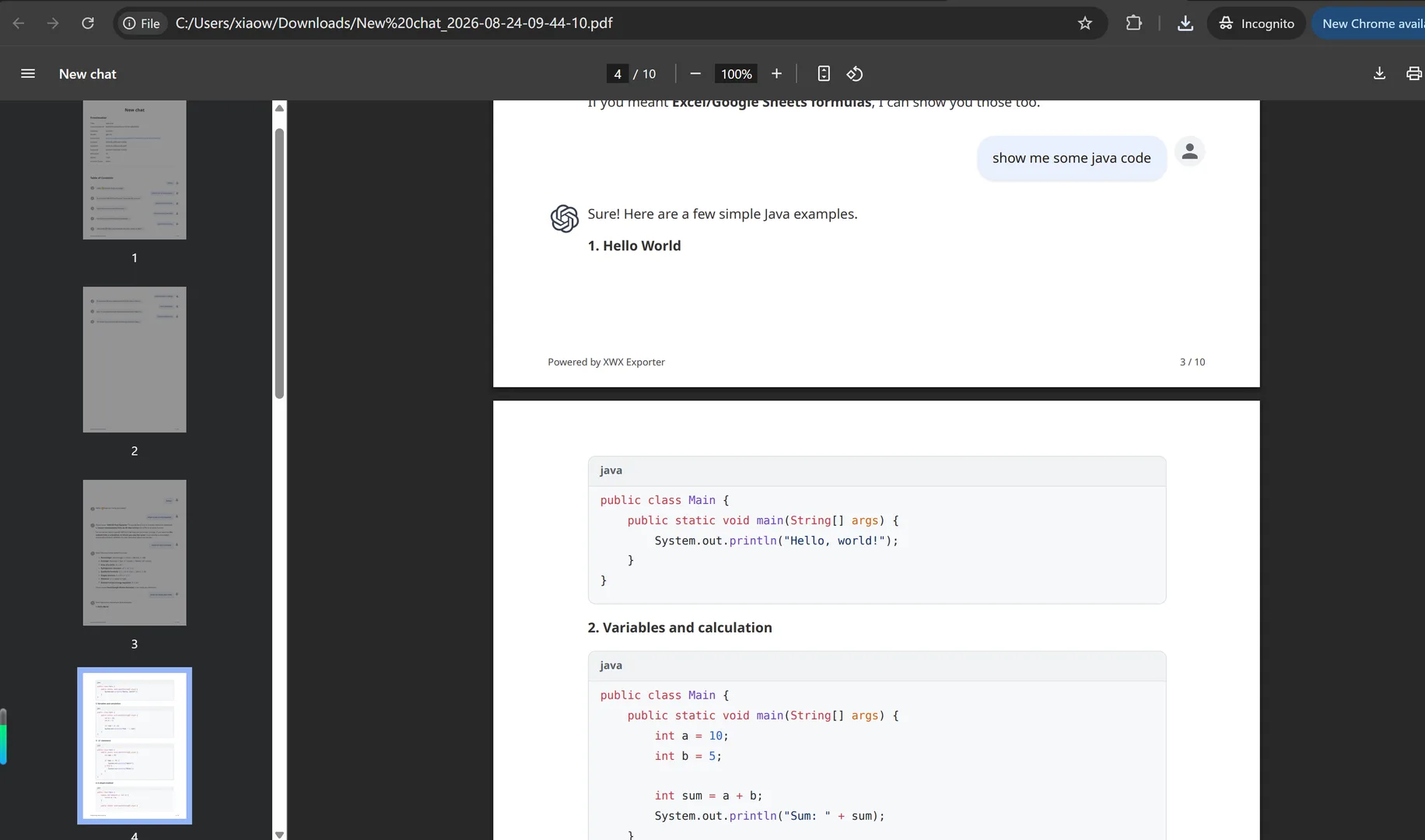 Screenshot 4: The exported PDF containing the complete conversation, including older messages
