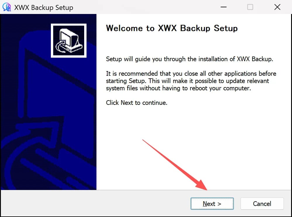 XWX Backupインストーラーのウェルカム画面