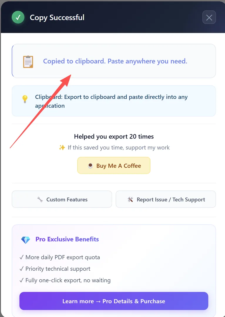 Notificación toast — contenido copiado al portapapeles