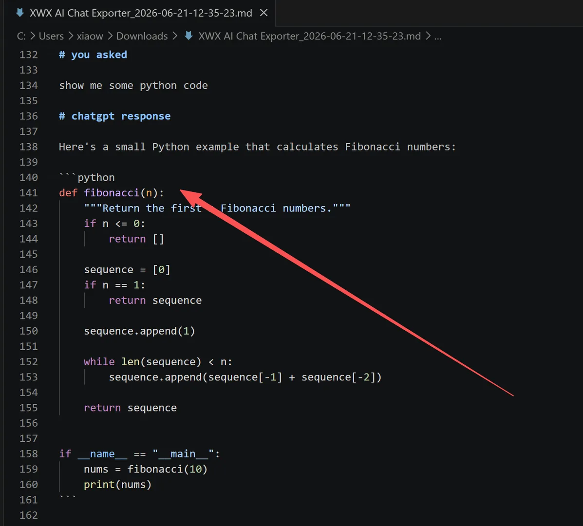 Salida Markdown — bloque de código cercado con etiqueta de idioma