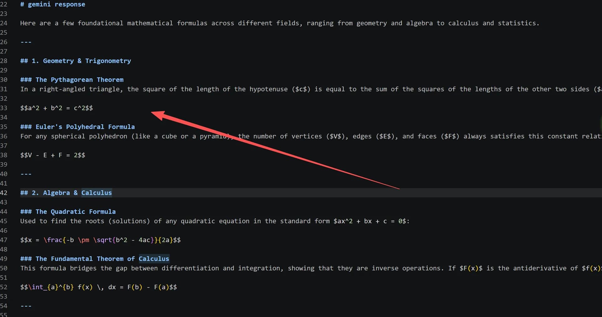 Salida Markdown — fórmula matemática en sintaxis $...$ y $$...$$
