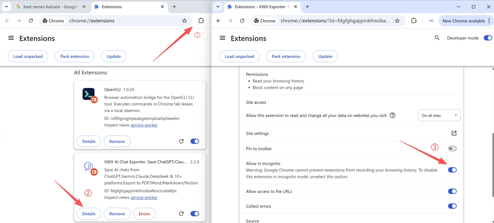 Detalles de la extensión en Chrome con el interruptor Permitir en modo incógnito activado para XWX AI Chat Exporter