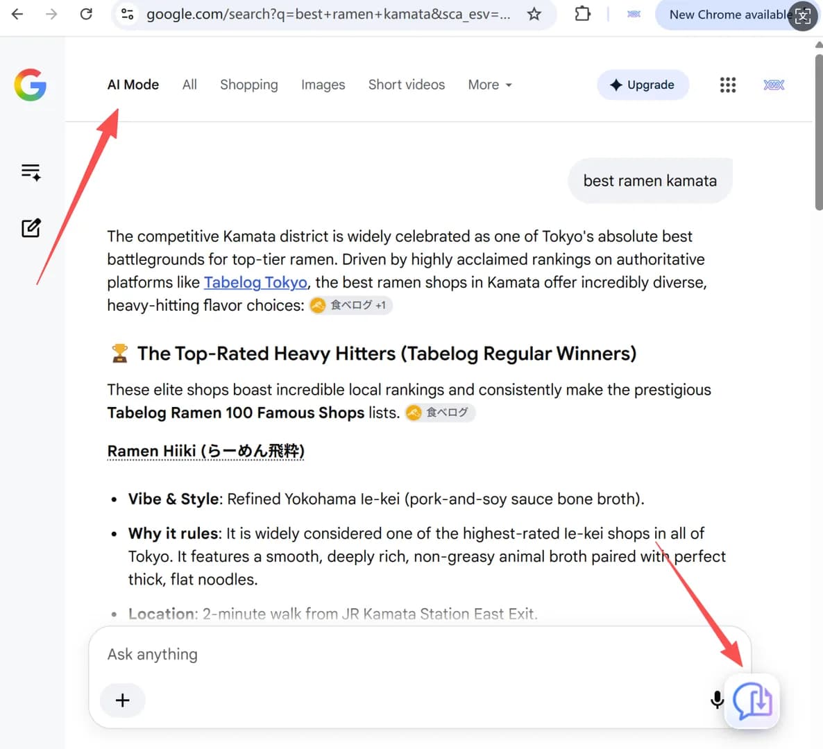 Google Search AI Mode with the floating XWX export button in the bottom-right corner