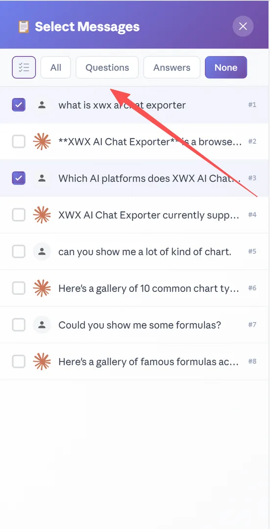 Filter bar: All / Questions / Answers / None + Selected Only toggle