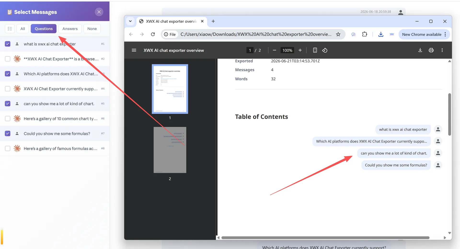 Exported file containing only selected messages