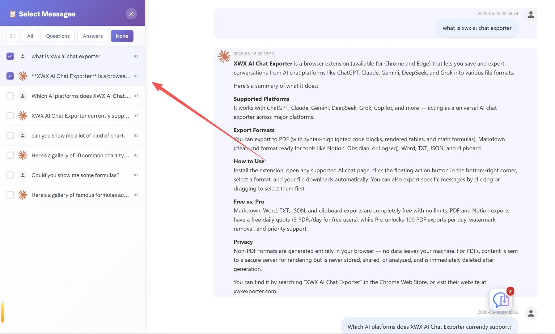Select Mode opens a left sidebar with message list and checkboxes