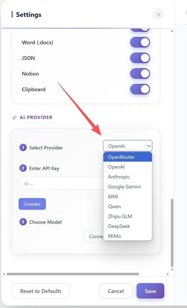 Desplegable de Proveedor de IA — 9 proveedores: OpenRouter, OpenAI, Anthropic, etc.