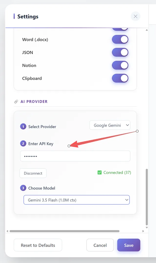 Configuración de Proveedor de IA en 3 pasos — Seleccionar Proveedor, Introducir Clave API, Elegir Modelo