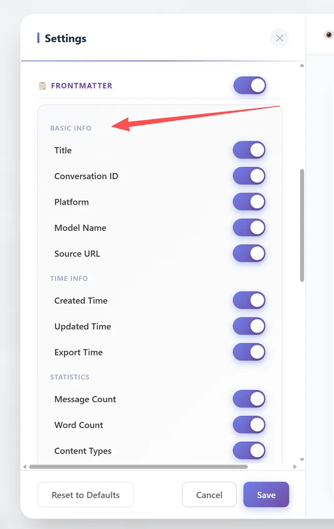 Configuración de Frontmatter — grupo INFORMACIÓN BÁSICA con interruptores toggle