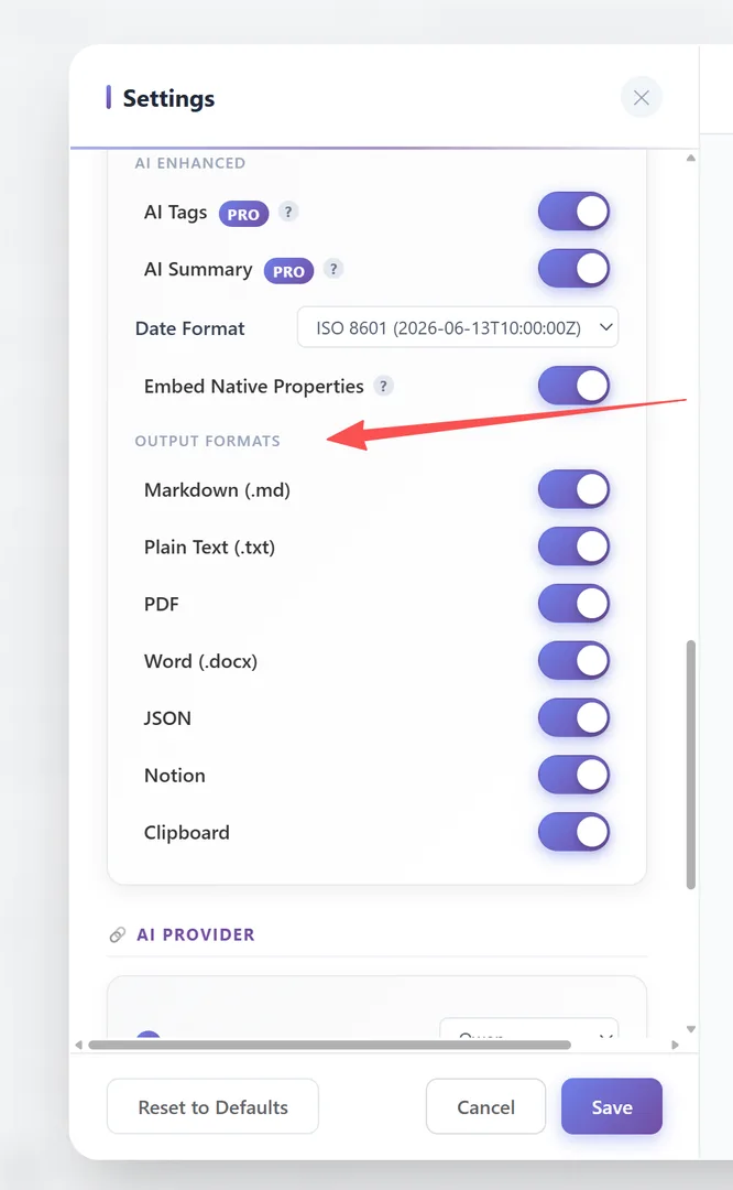 Toggles de FORMATOS DE SALIDA — activar/desactivar metadatos por formato de exportación