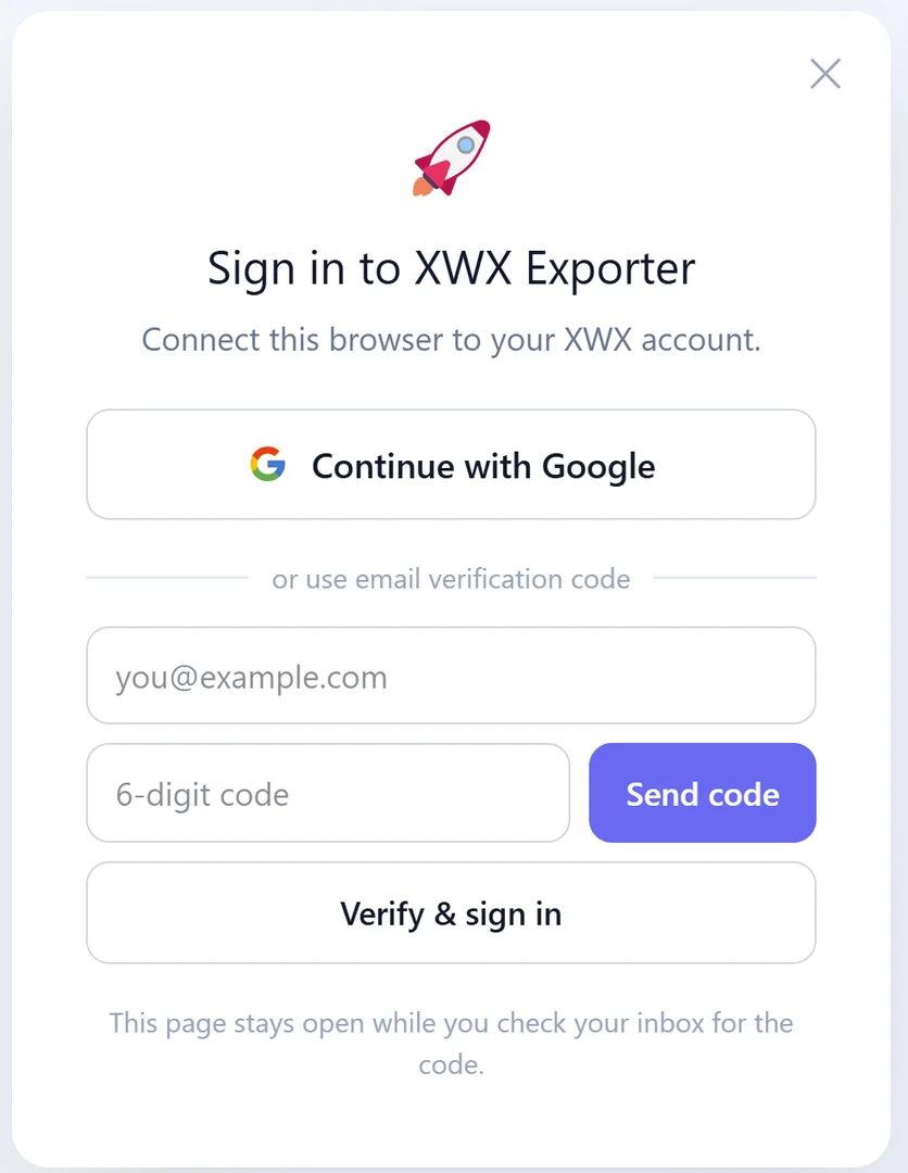 Página de login do XWX Exporter com opções de Google com um clique e código por e-mail