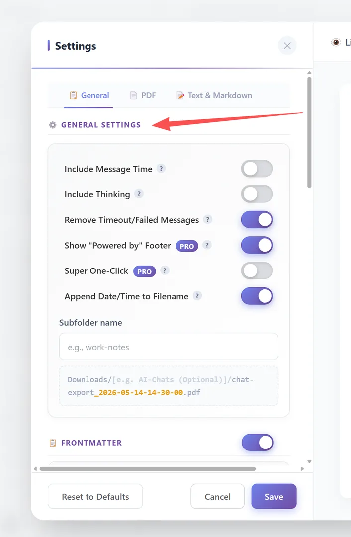 Aba Geral das Configurações — todos os toggles e campos de entrada