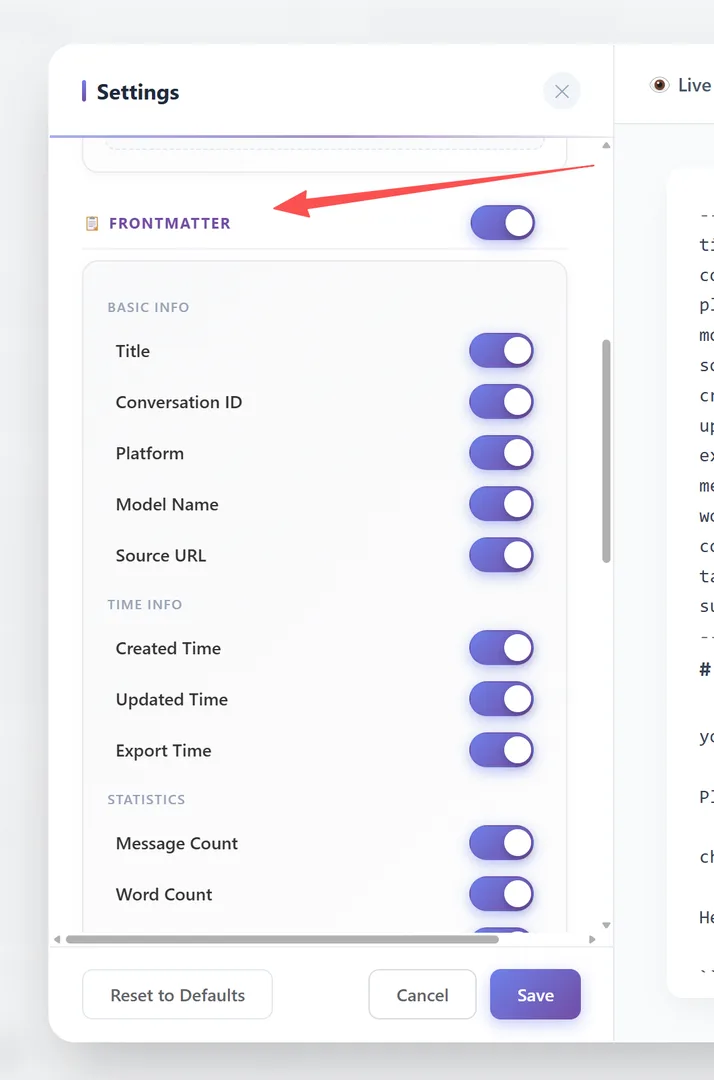 Seção Frontmatter com toggle principal