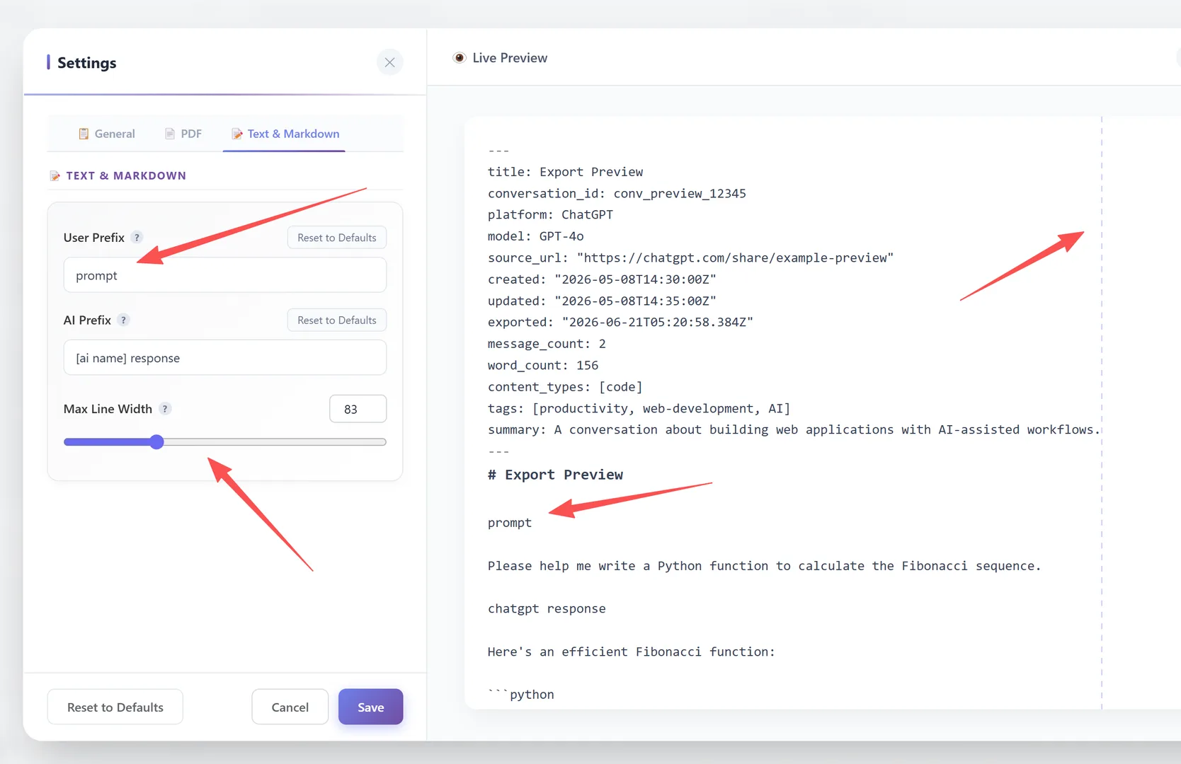 Aba Text e Markdown — Prefixo do usuário, Prefixo da IA, Largura máxima da linha
