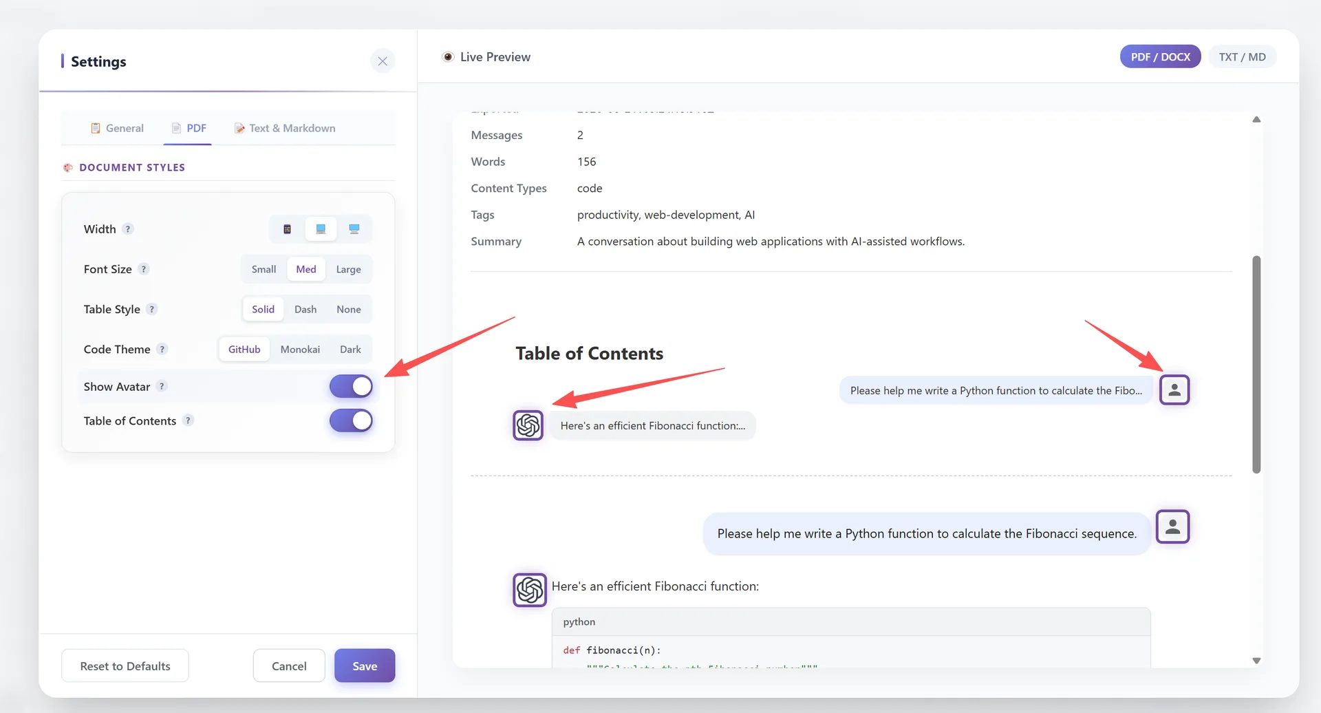 Interruptores toggle de Mostrar Avatar y Tabla de Contenido