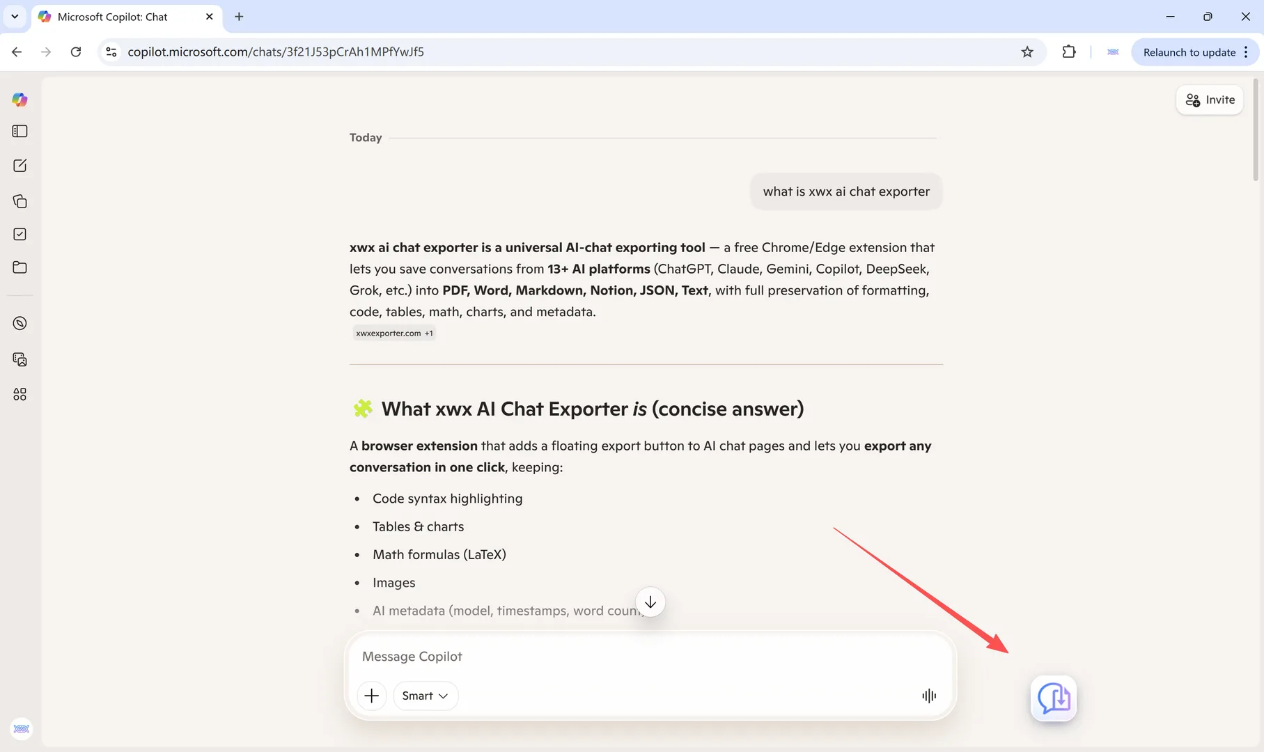 The same Copilot conversation opened in Google Chrome, with the XWX floating export button visible in the bottom-right corner