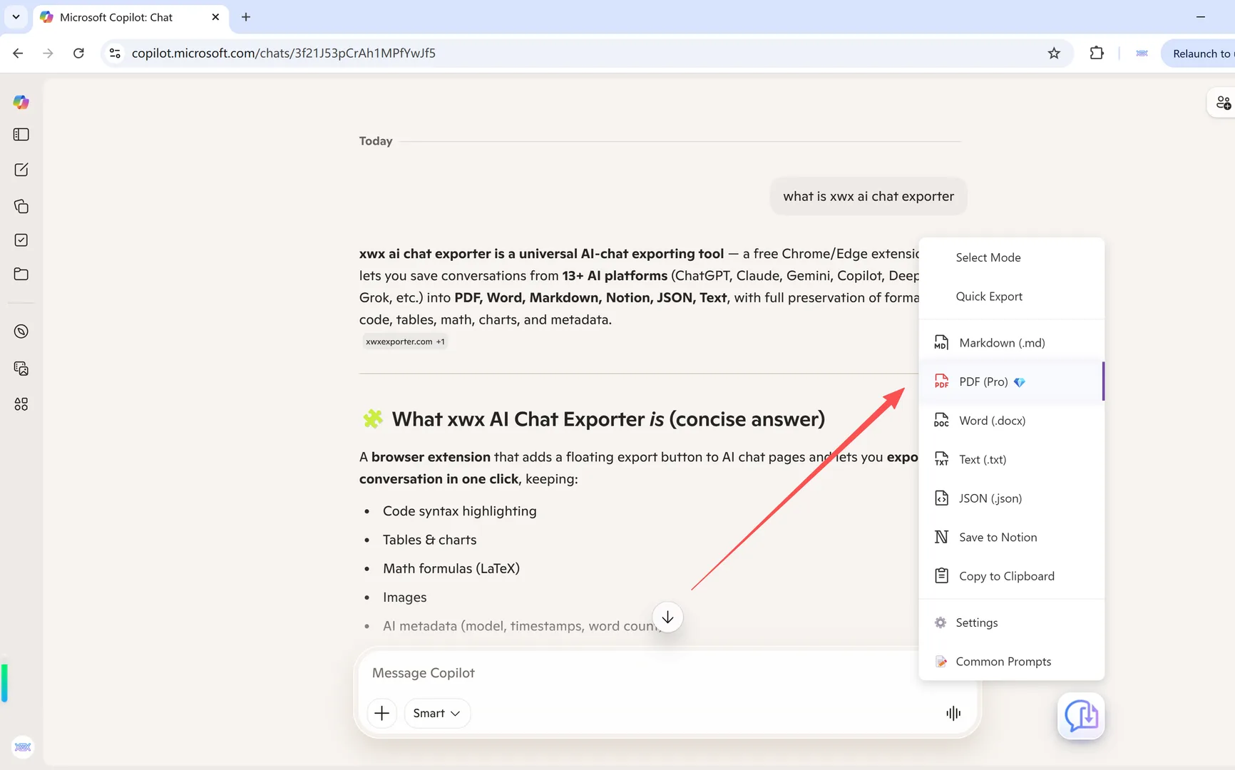 The XWX export format menu open on a Copilot conversation in Chrome, showing PDF Pro, Markdown, Word, Notion and more