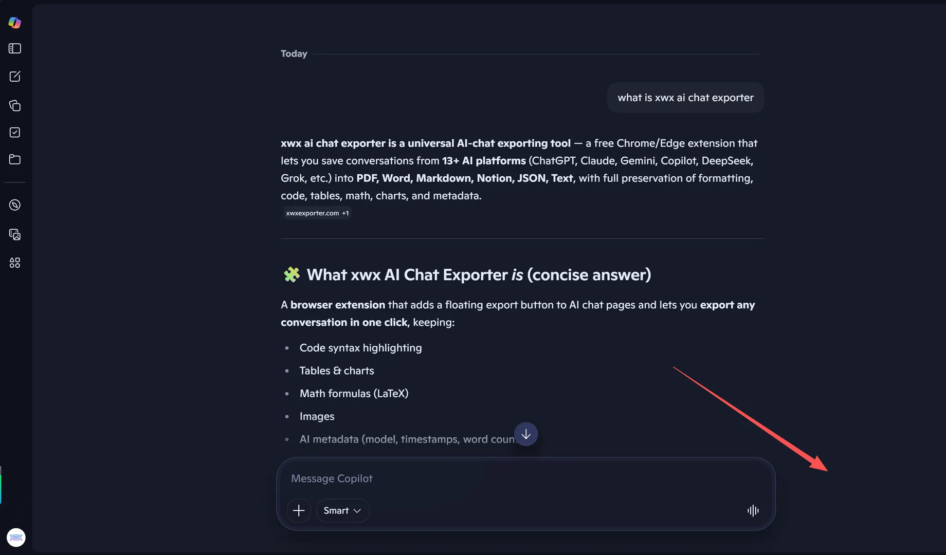 A Microsoft Copilot conversation opened in Microsoft Edge with no export button visible in the bottom-right corner