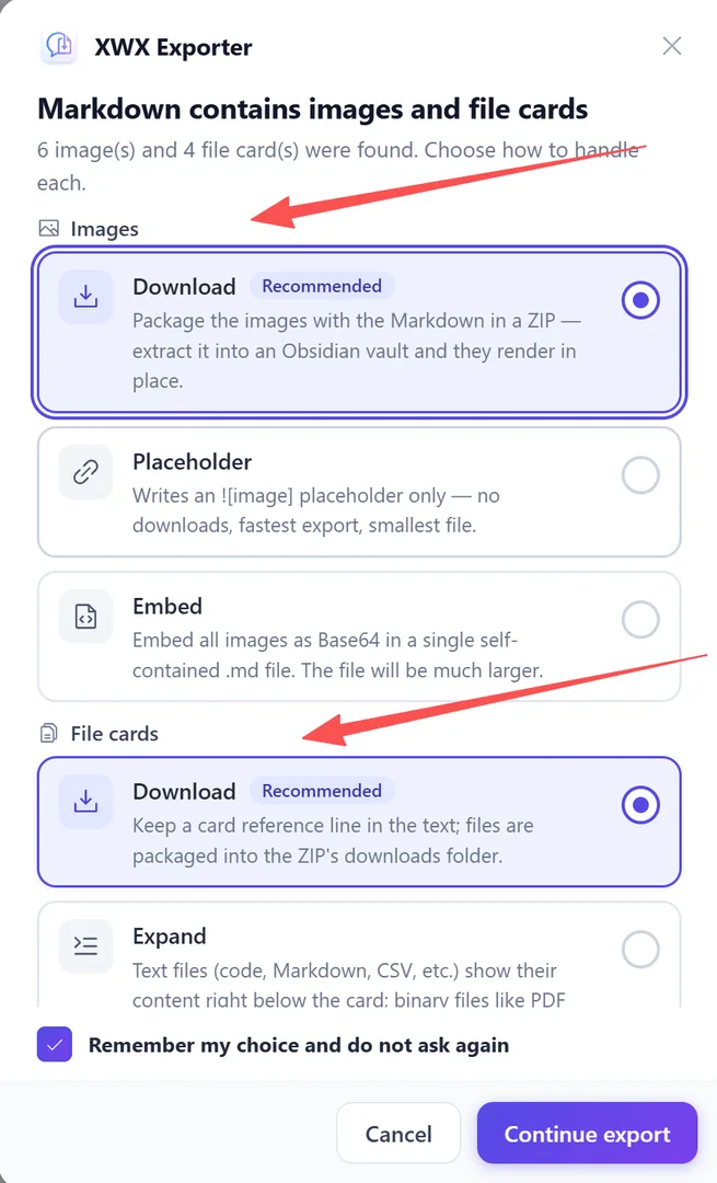 The export dialog asking how to handle images and file cards — both set to Download
