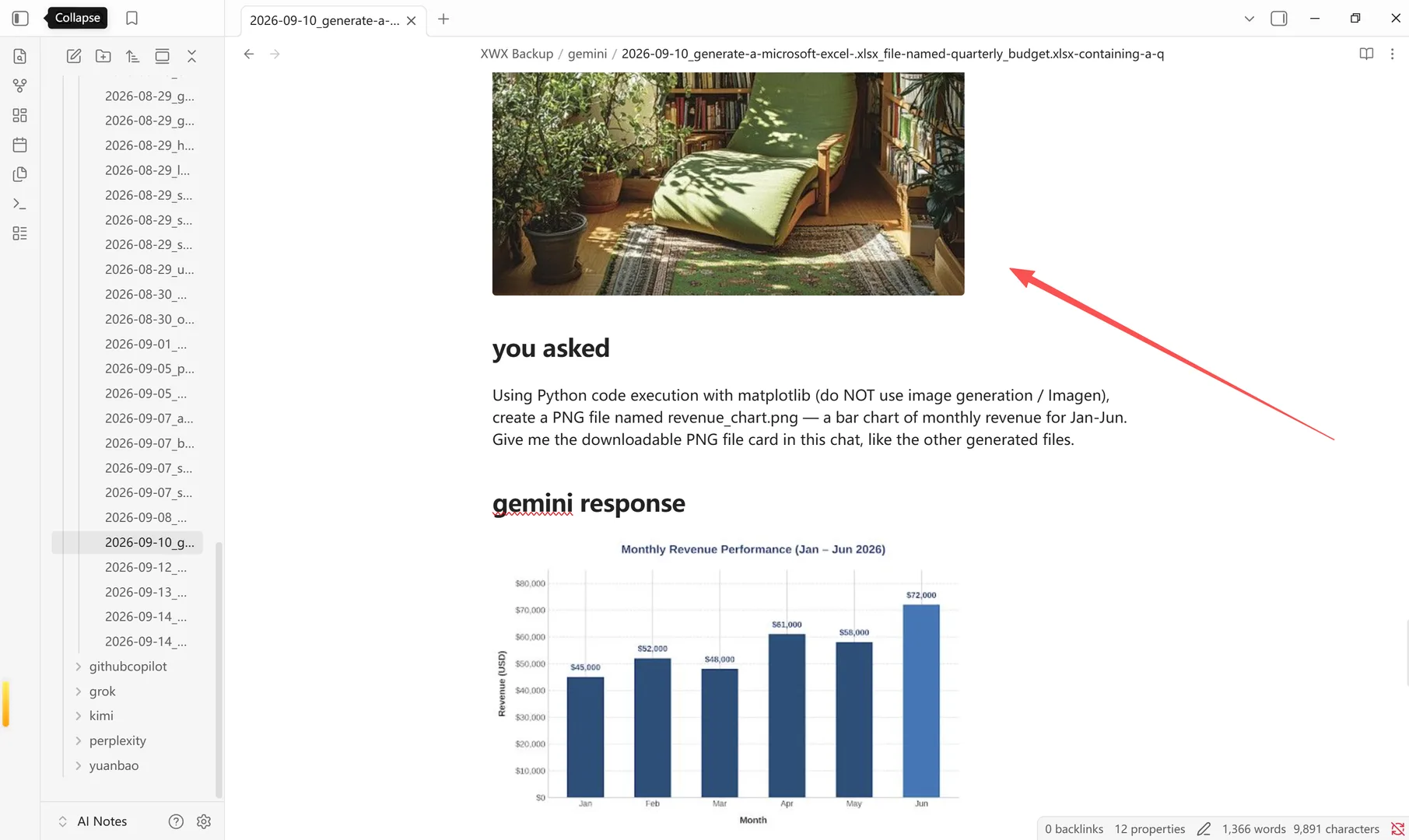 An exported note in Obsidian reading view with the AI-generated image rendered inline