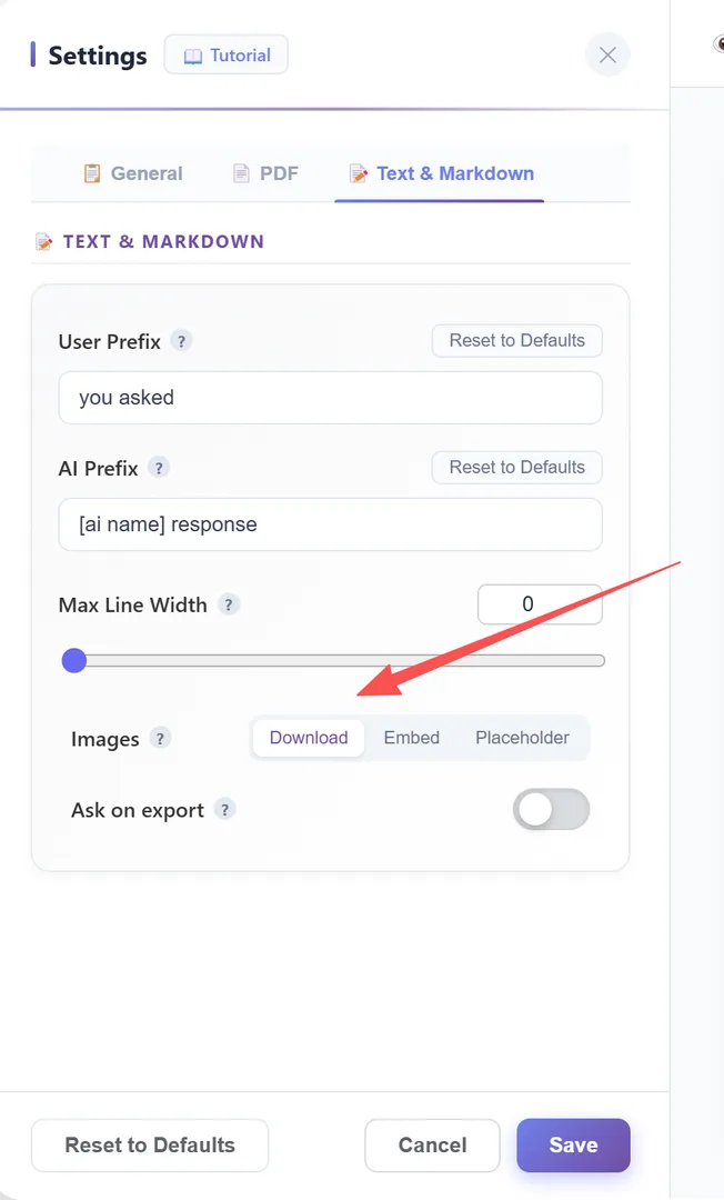 Settings — Text & Markdown tab with Images set to Download