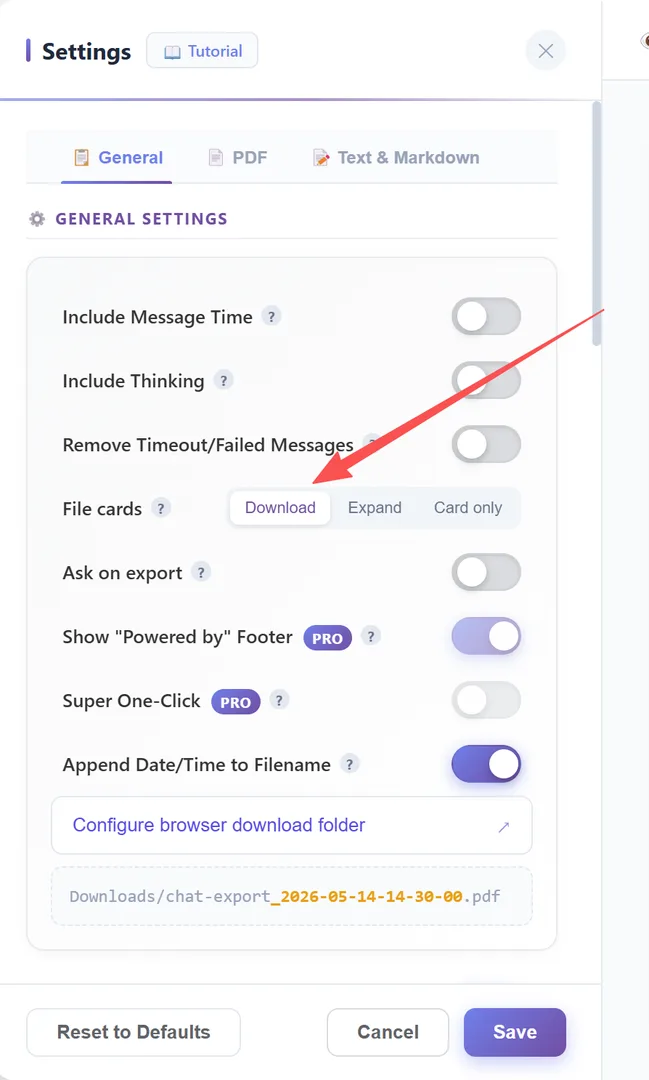 Settings — General tab with File cards set to Download