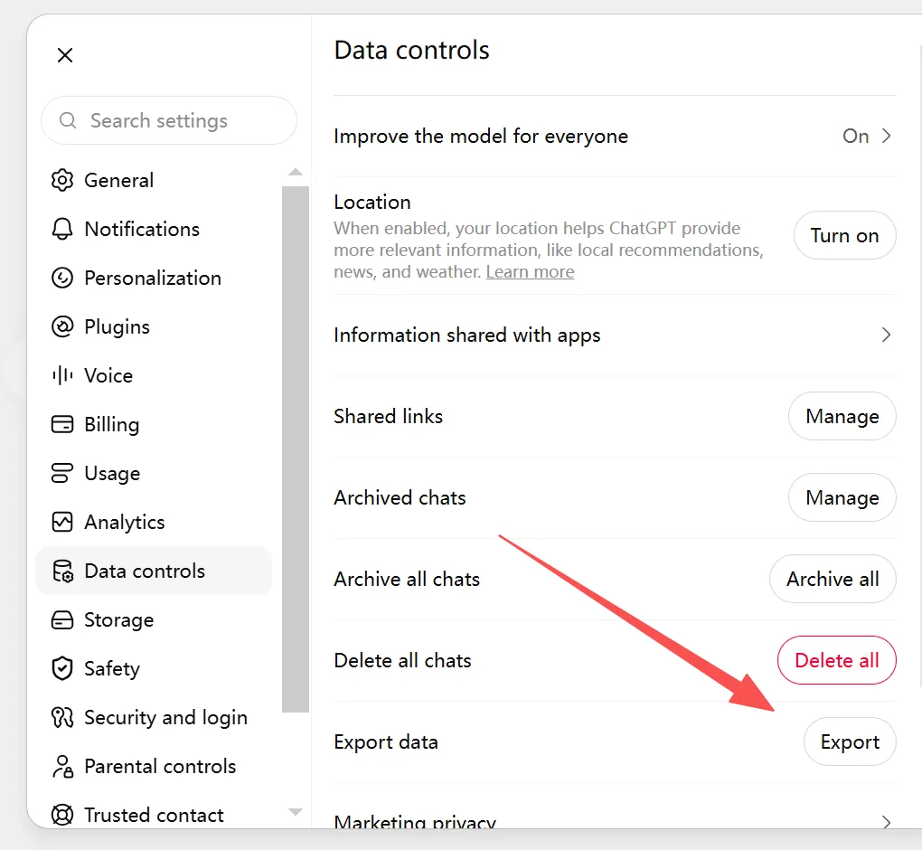 ChatGPT Settings showing the Data Controls export option
