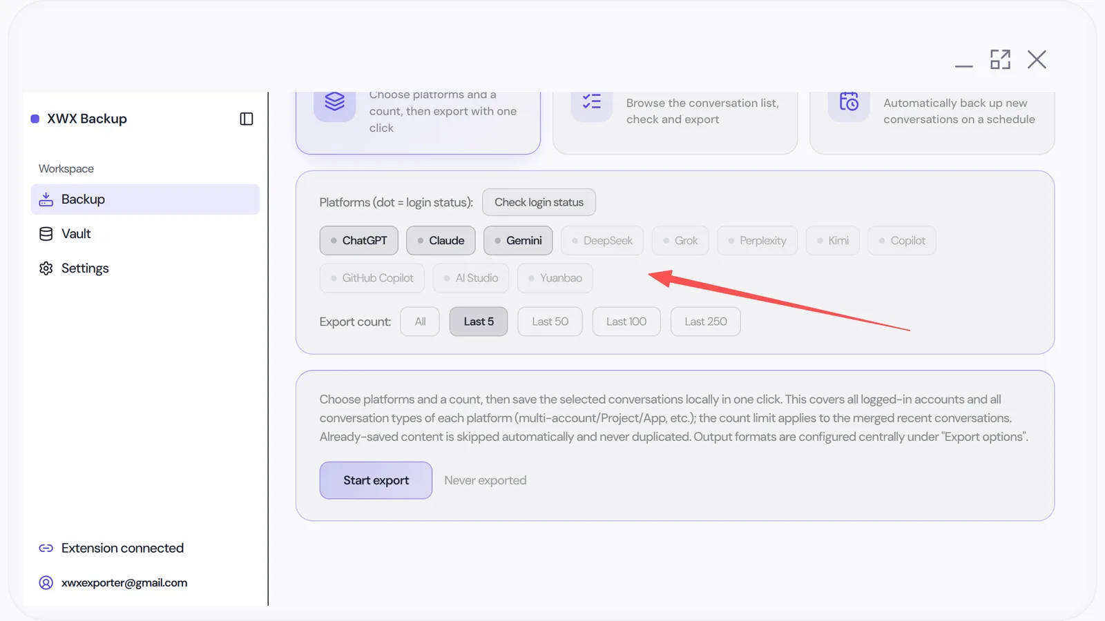 XWX Backup batch export page with platform selection and count