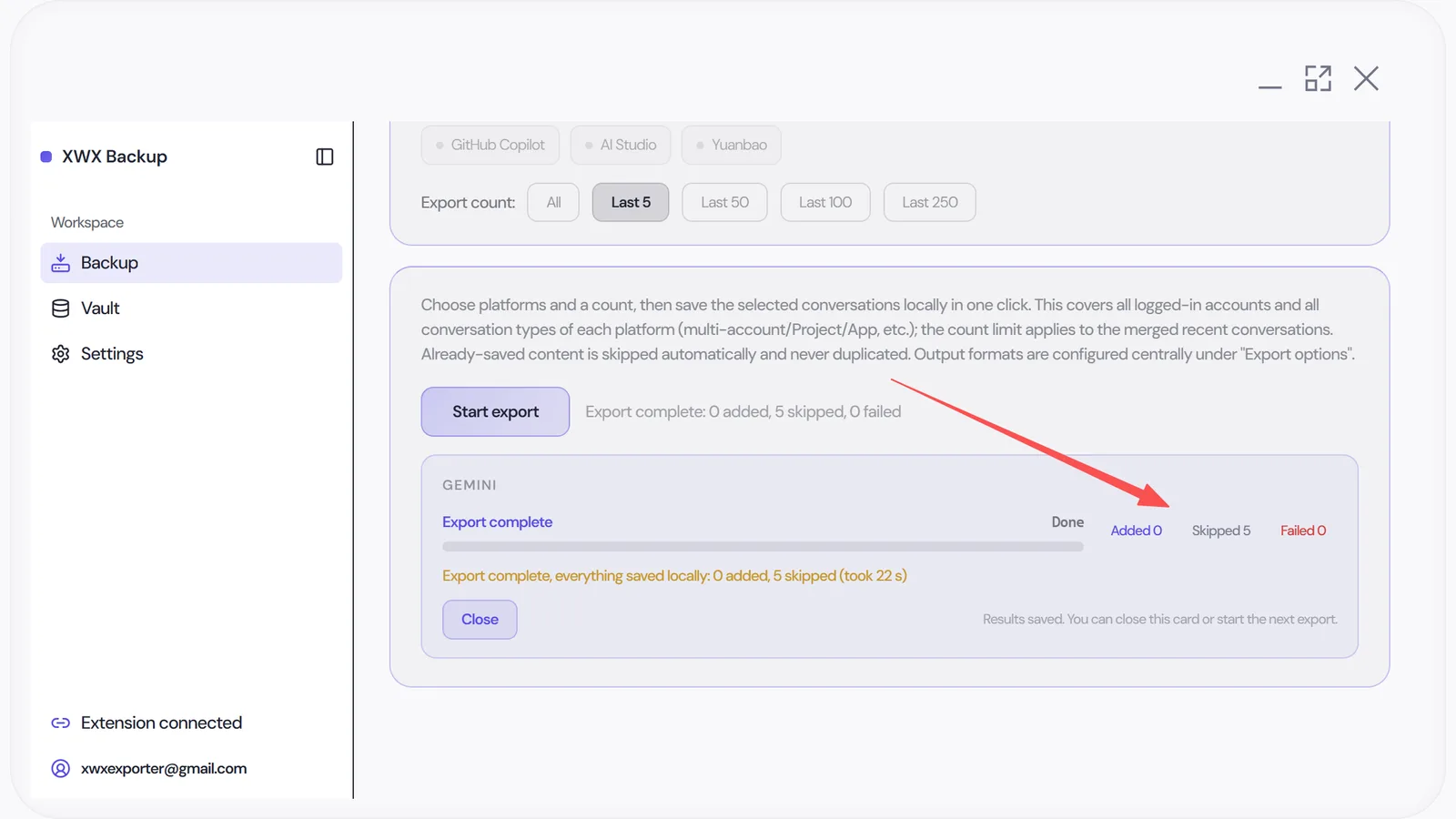 Batch export progress showing added, skipped and failed counts
