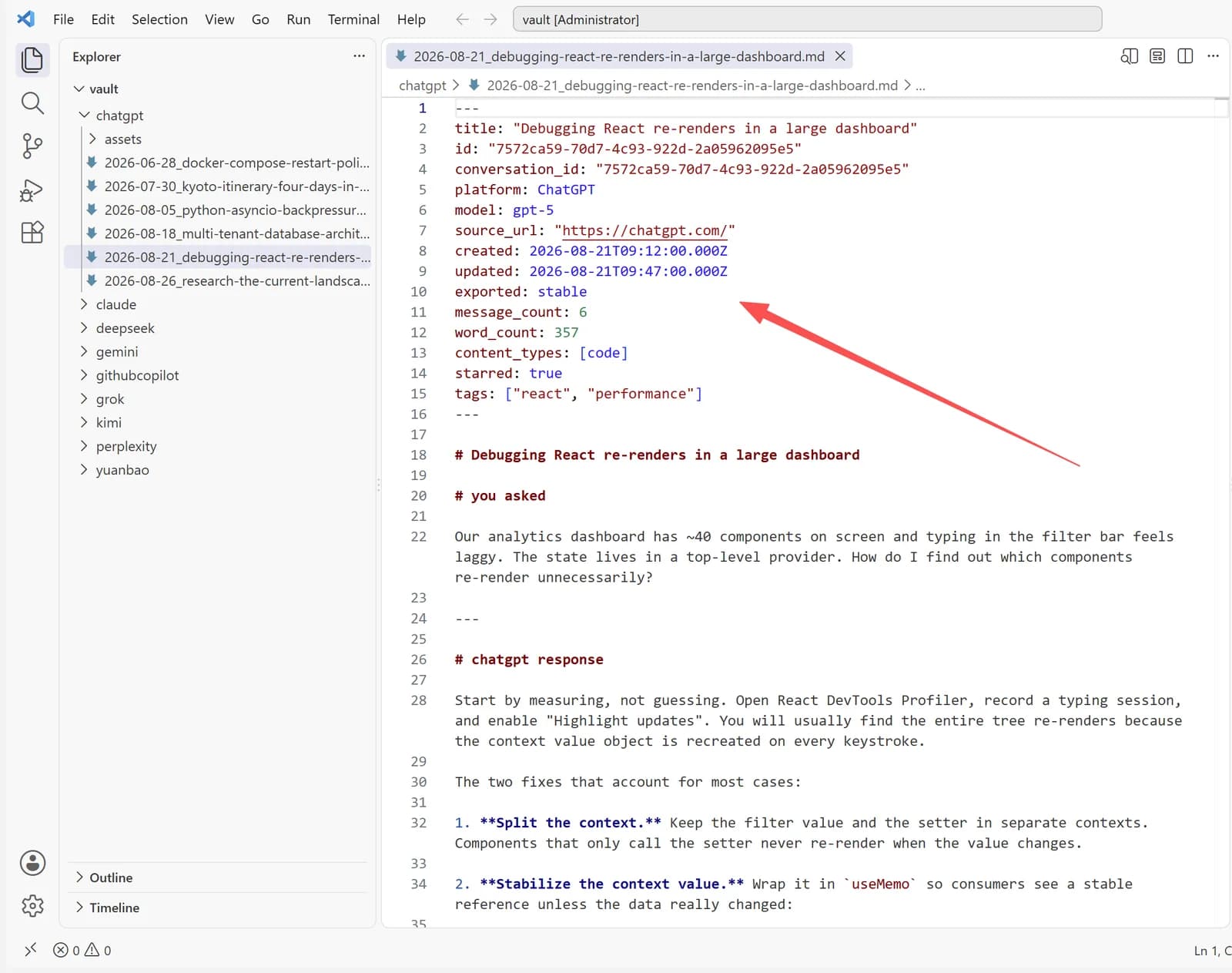 Local vault folder of exported conversations as Markdown files