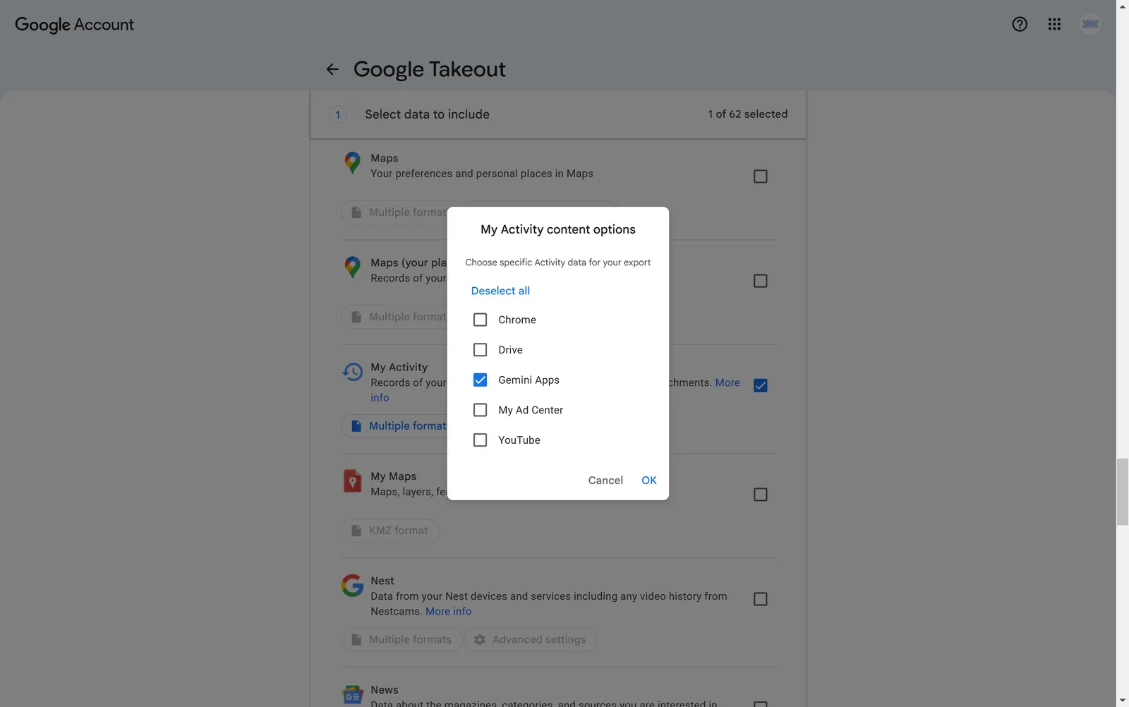 Google Takeout selecting My Activity then Gemini Apps only