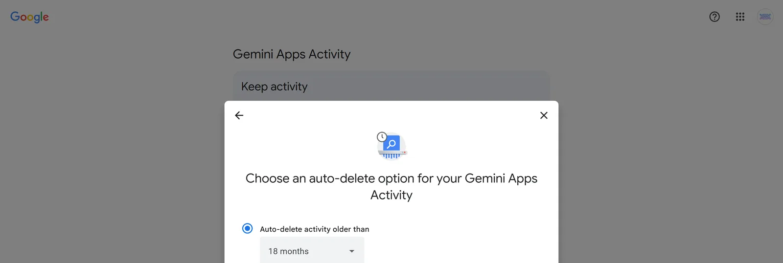 Google account Gemini Apps Activity auto-delete setting