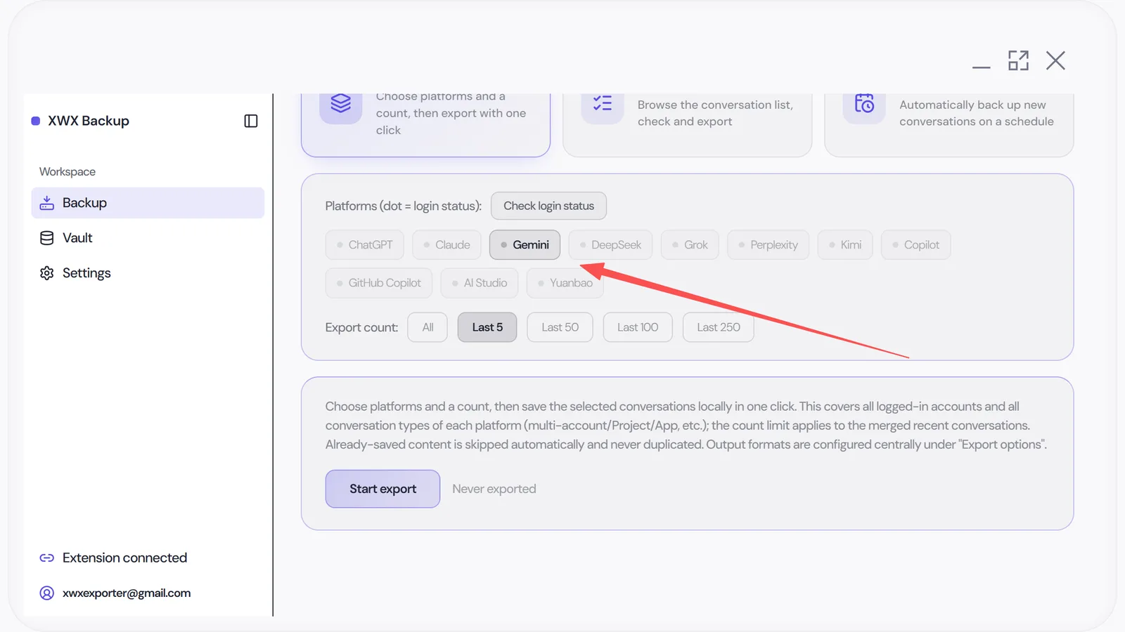 Batch-exporting Gemini conversations in XWX Backup