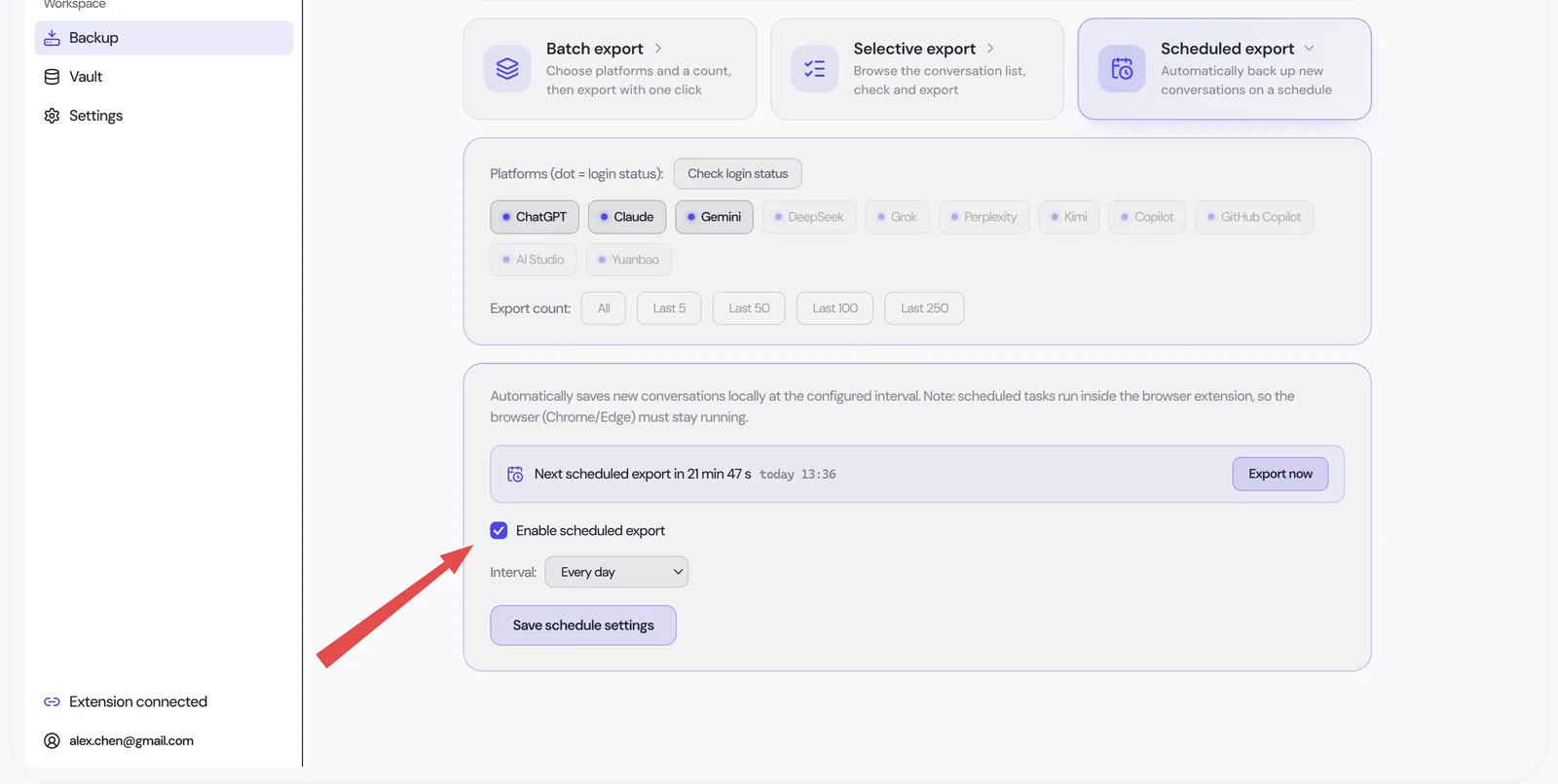 Screenshot 5: Scheduled sync settings in the desktop app — enable toggle, interval picker, and next-run countdown