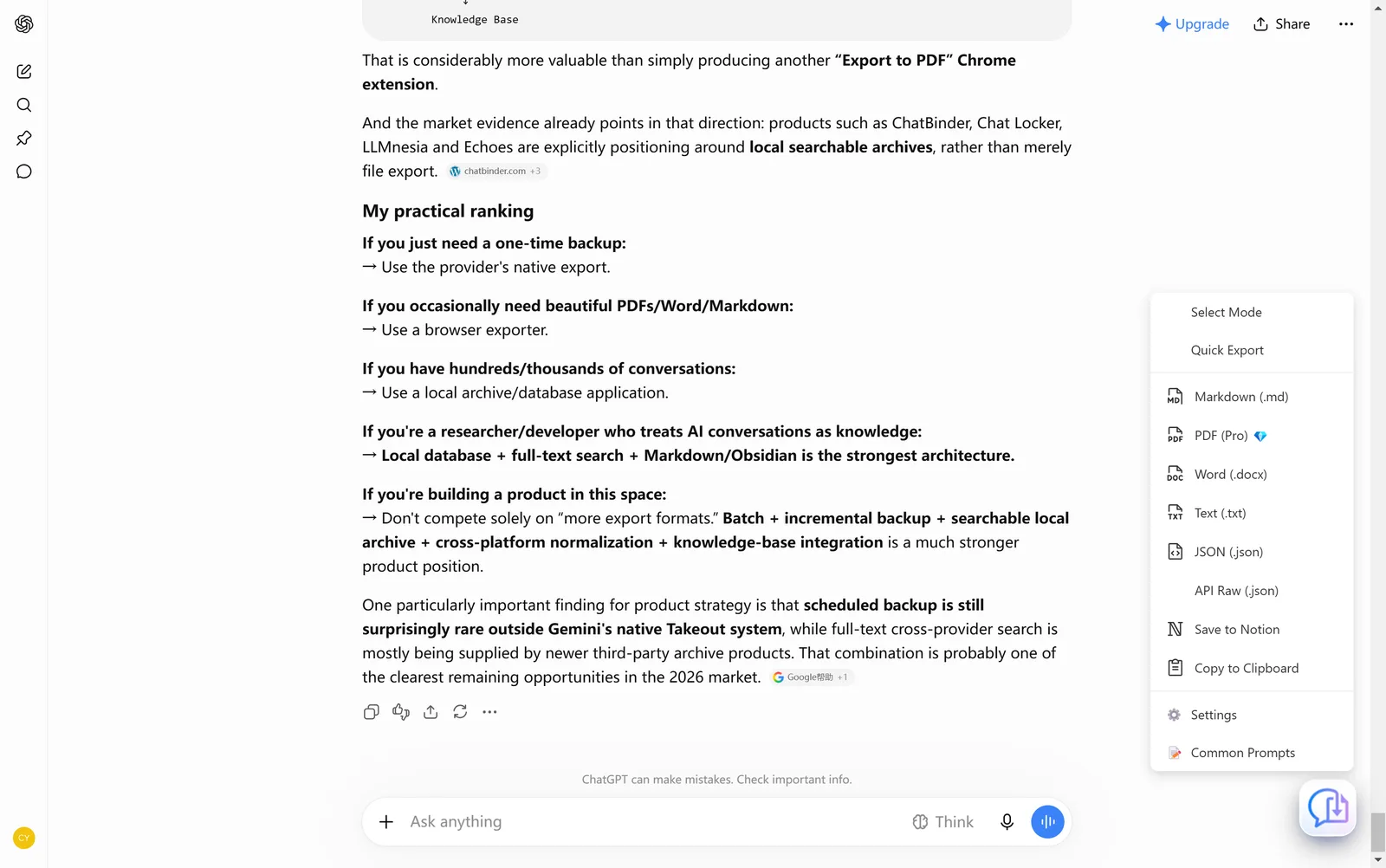 The XWX export menu with PDF, Markdown, and Word options