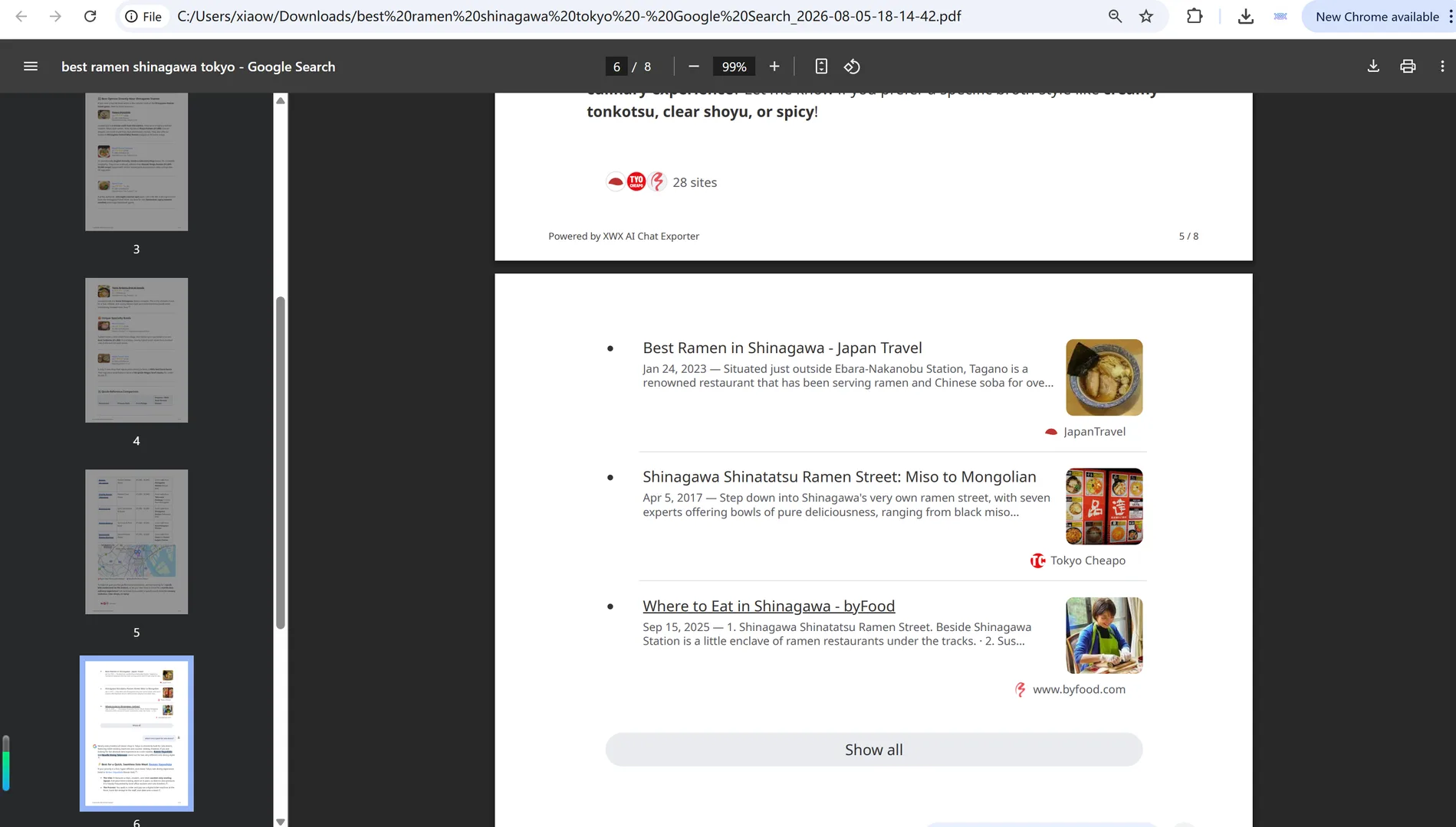 The source list inside an exported AI Mode PDF, with titles, domains, and links