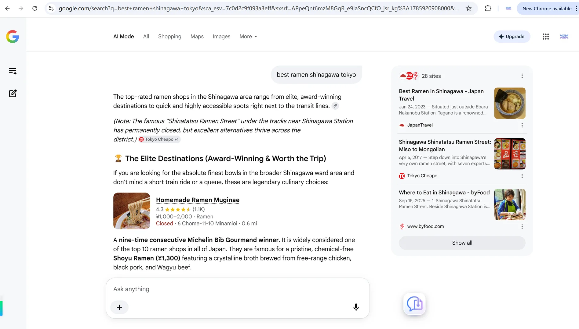 A Google AI Mode conversation started with a search question