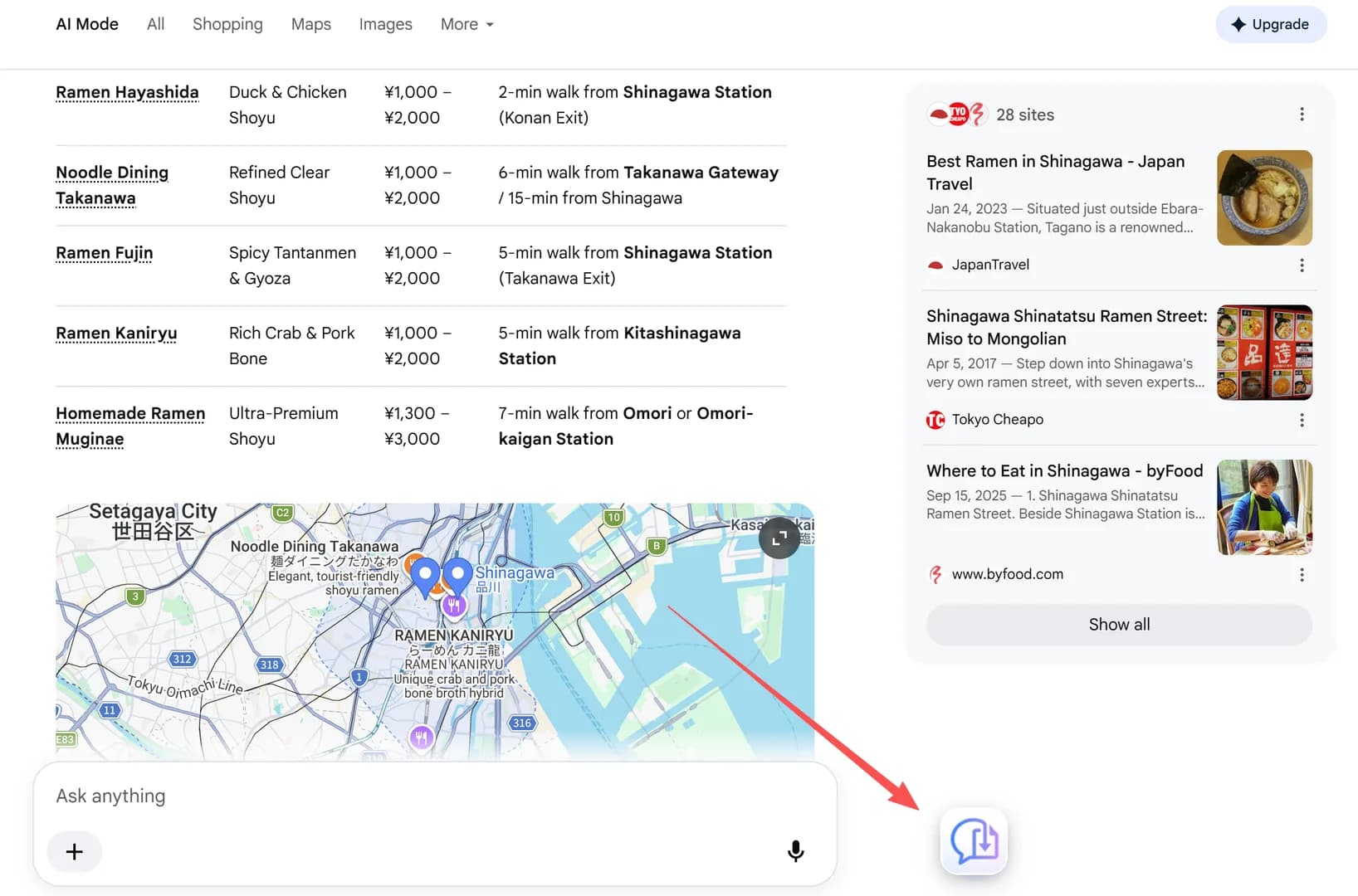 The XWX floating export button on a Google AI Mode page