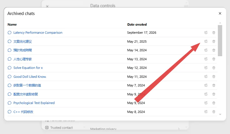 Screenshot 1: Settings → Data controls → Manage archived chats, with the Unarchive option visible