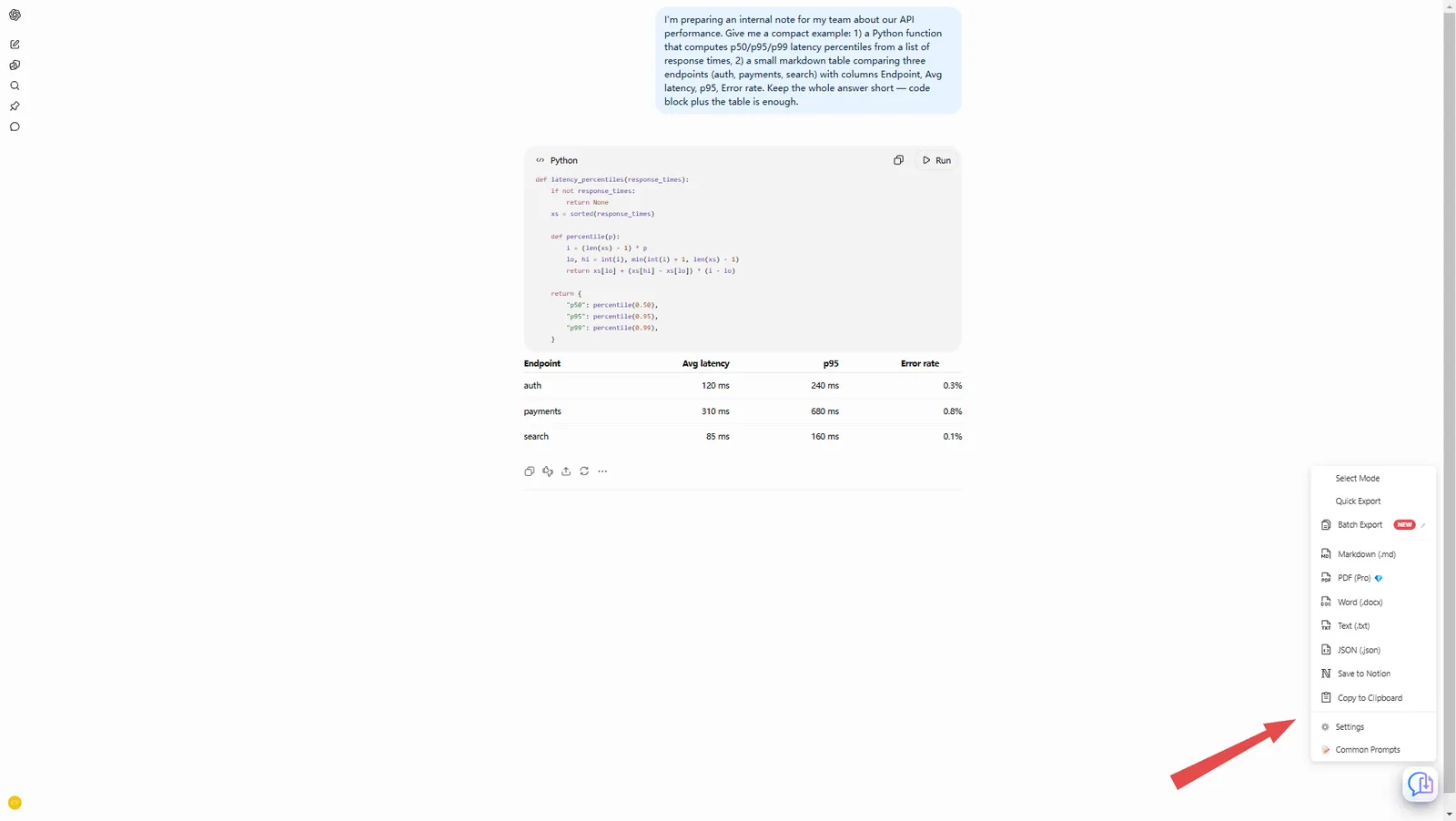 Screenshot 2: The XWX Exporter menu open on a ChatGPT conversation with format options