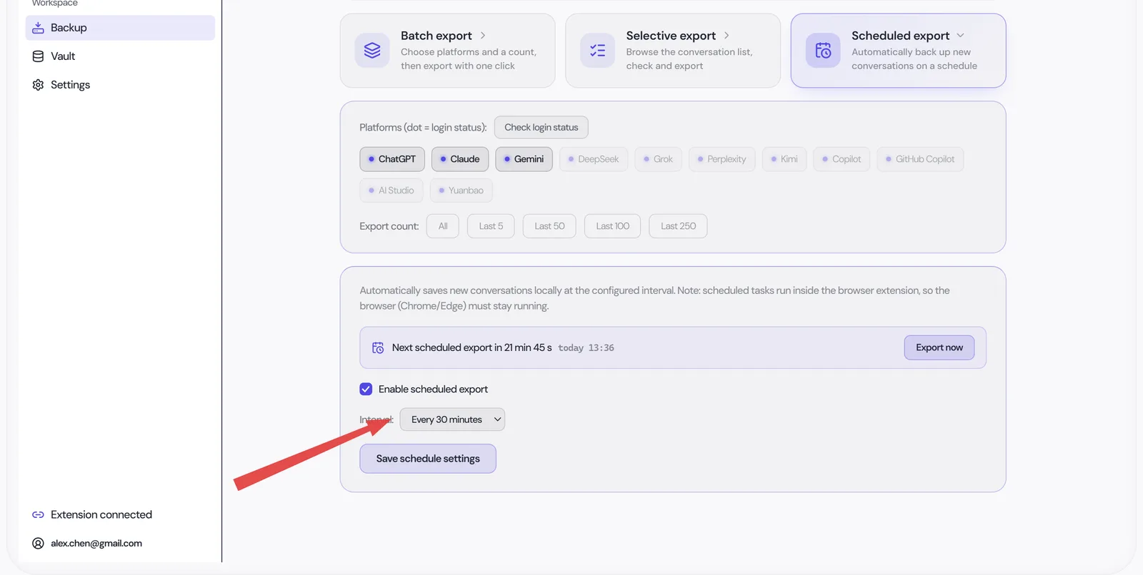 Screenshot 3: Scheduled backup settings in the desktop app showing the enable toggle and interval picker