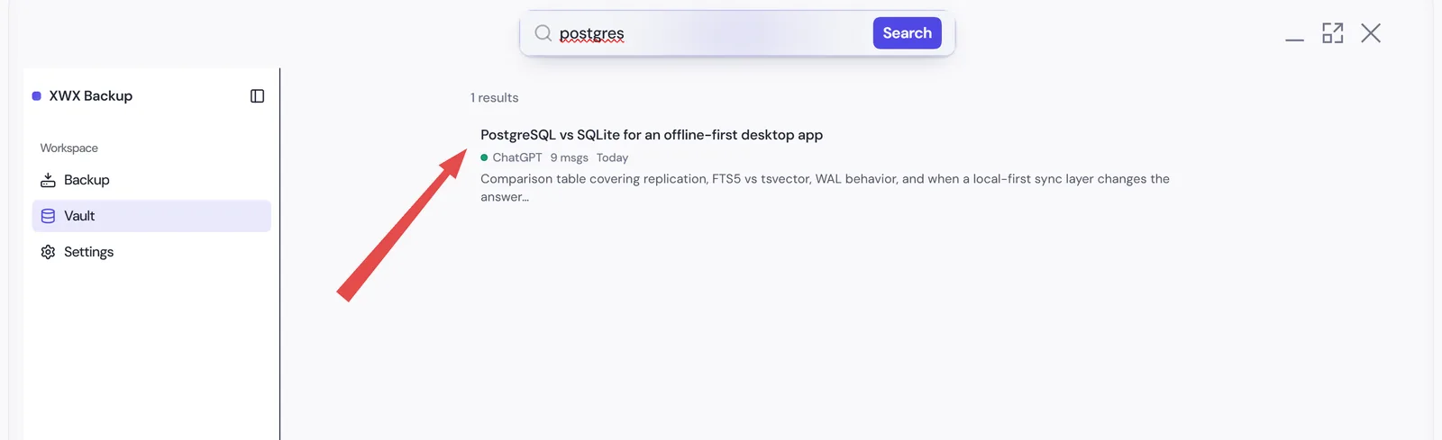 Screenshot 4: Full-text search across the local archive showing the matching conversation with platform and date