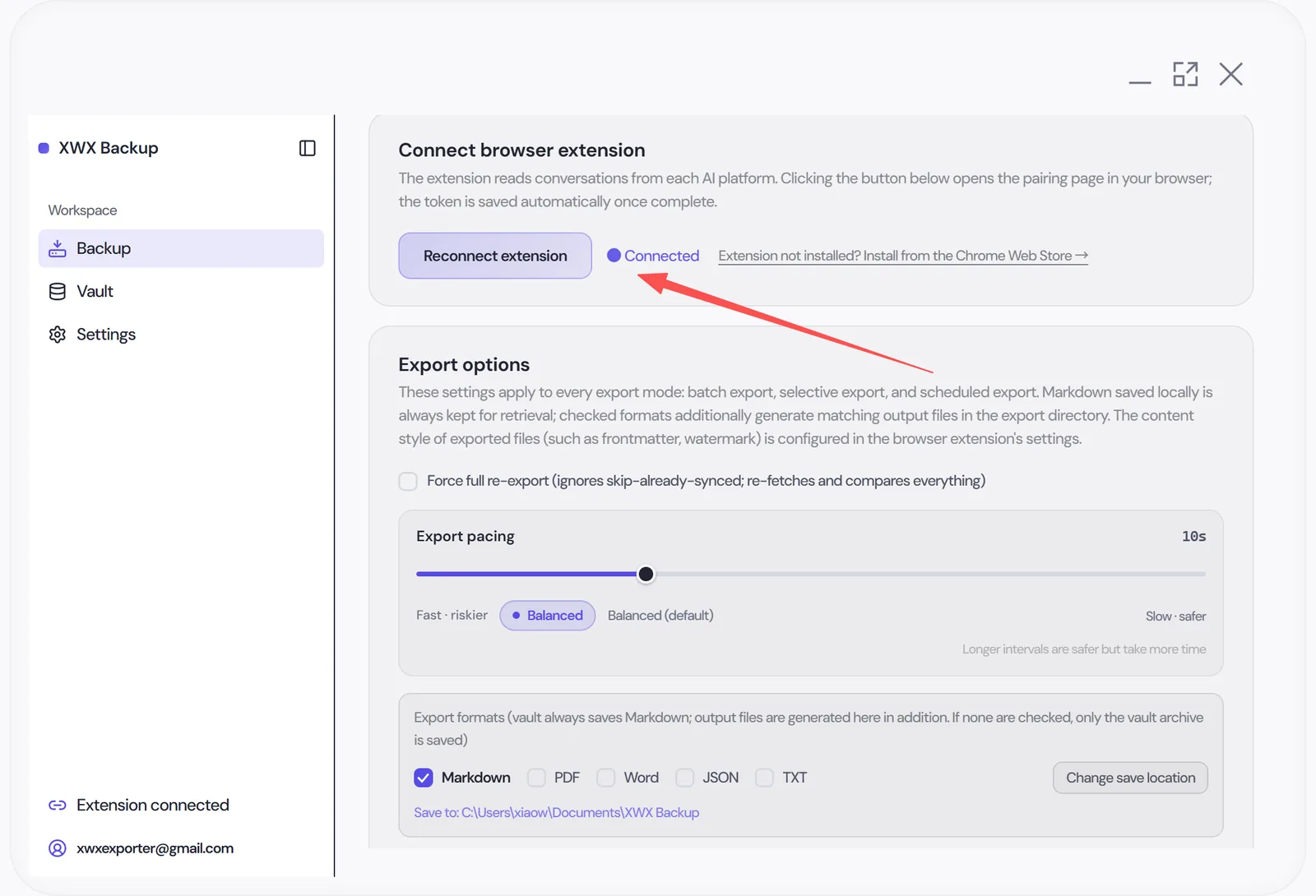 Emparejando la extensión con la app XWX Backup