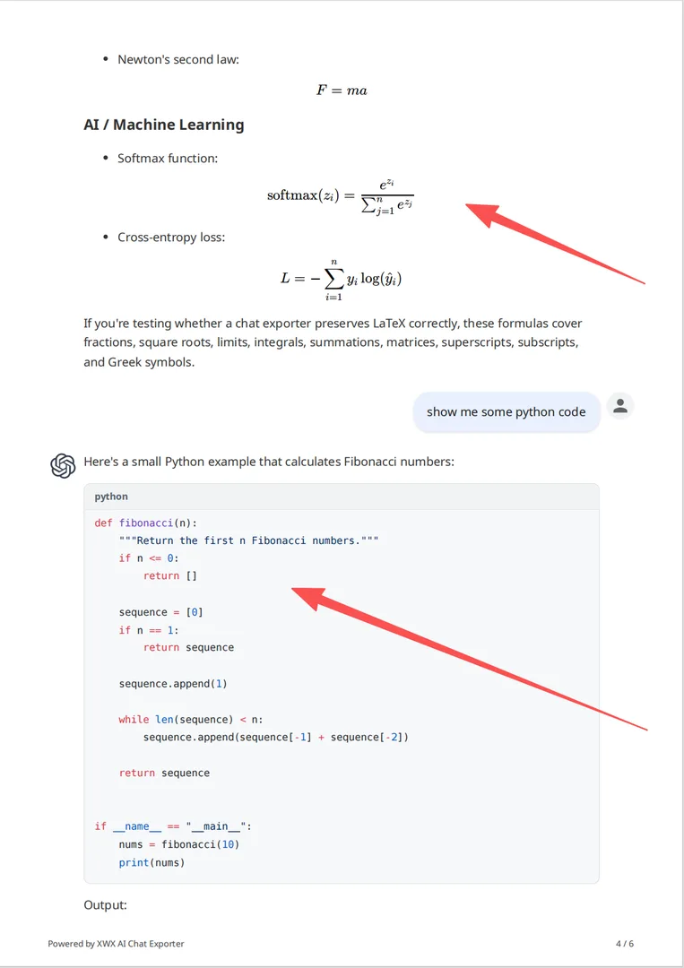 Vista previa de salida PDF — resaltado de código, fórmulas matemáticas, tablas